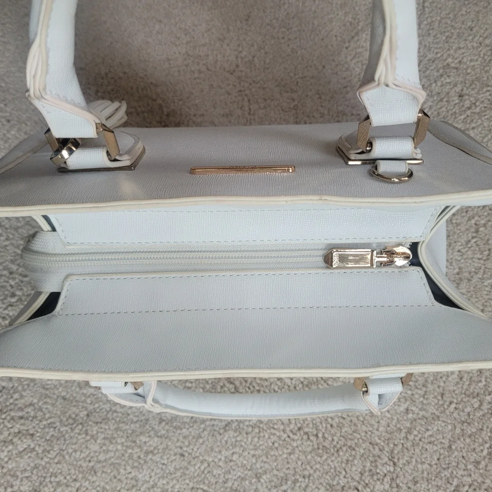 Chic White Faux Saffiano Leather Satchel with Gold Hardware & Tassle